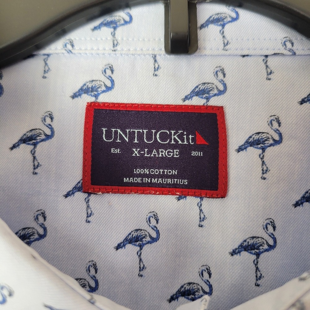 UNTUCKit Shirt Mens XL Blue Button Up Short Sleeve Flamingo Print Cotton Casual - Picture 5 of 8